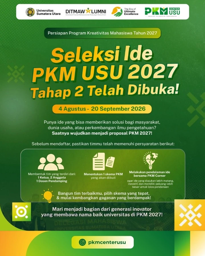 Seleksi Ide PKM (Program Kreativitas Mahasiswa) USU Tahun 2027 Tahap 2